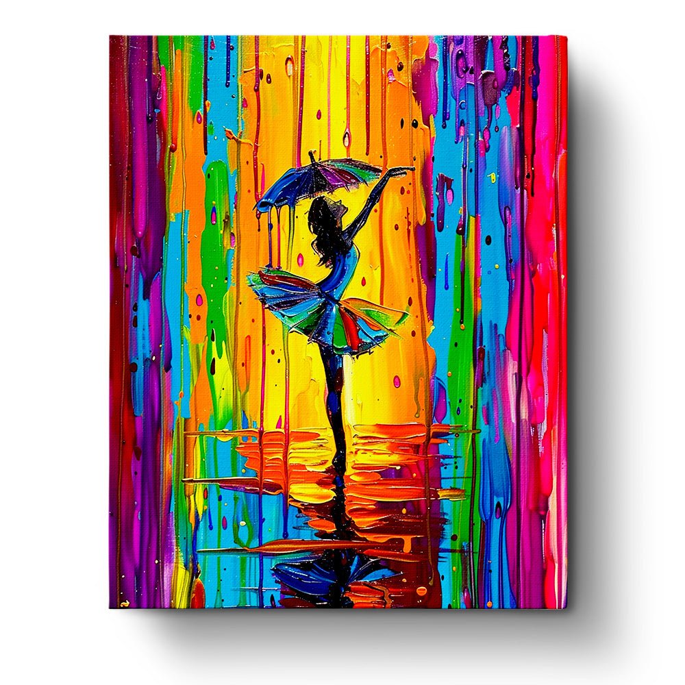 Fixed kit, 24 colors, 16x20in. Dancer with umbrella in vibrant hues. Stress relief through mindful painting.