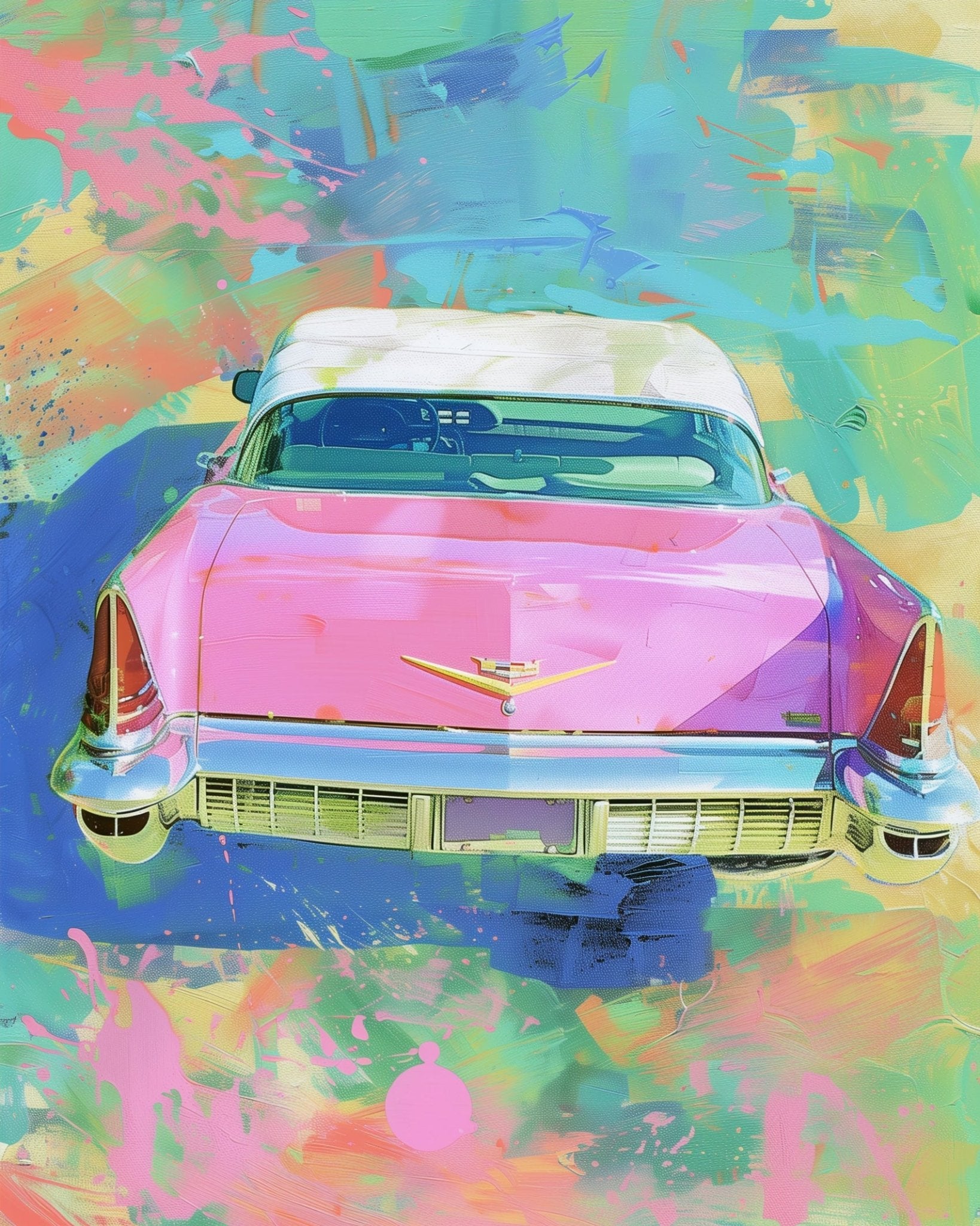 Fixed kit, 24 colors. Vintage pink car with bold strokes in a colorful setting. Perfect for stress relief and creative fun.