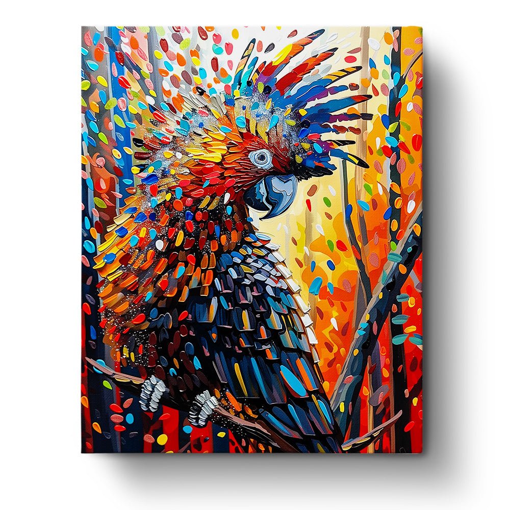 Fixed paint by numbers kit, 24 colors, 16x20in. Vibrant parrot with bold patterns. Ideal for stress relief.