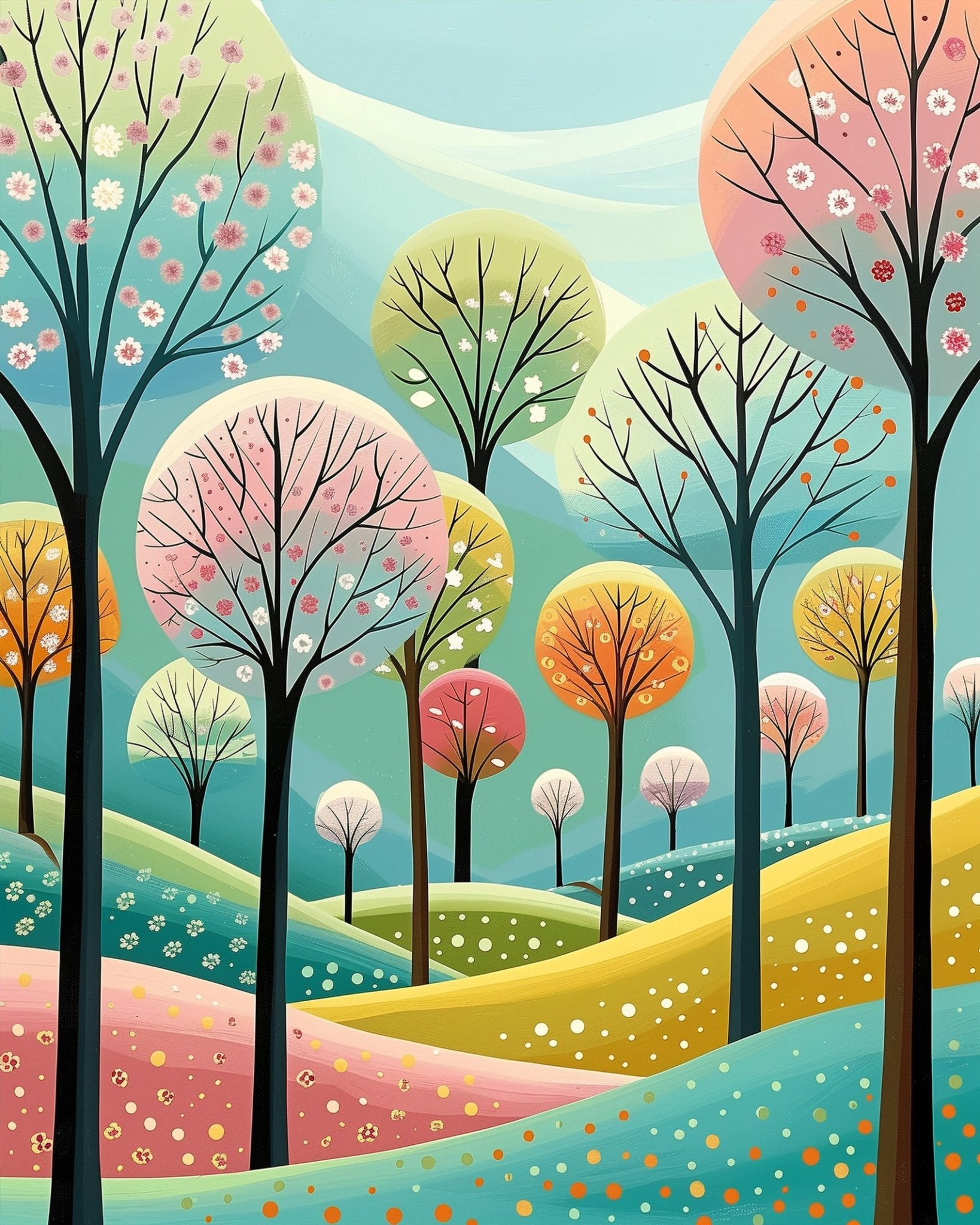 Fixed paint-by-number kit, 24 colors, 12x16in. Colorful forest scene with bold strokes. A mindful and artistic escape.