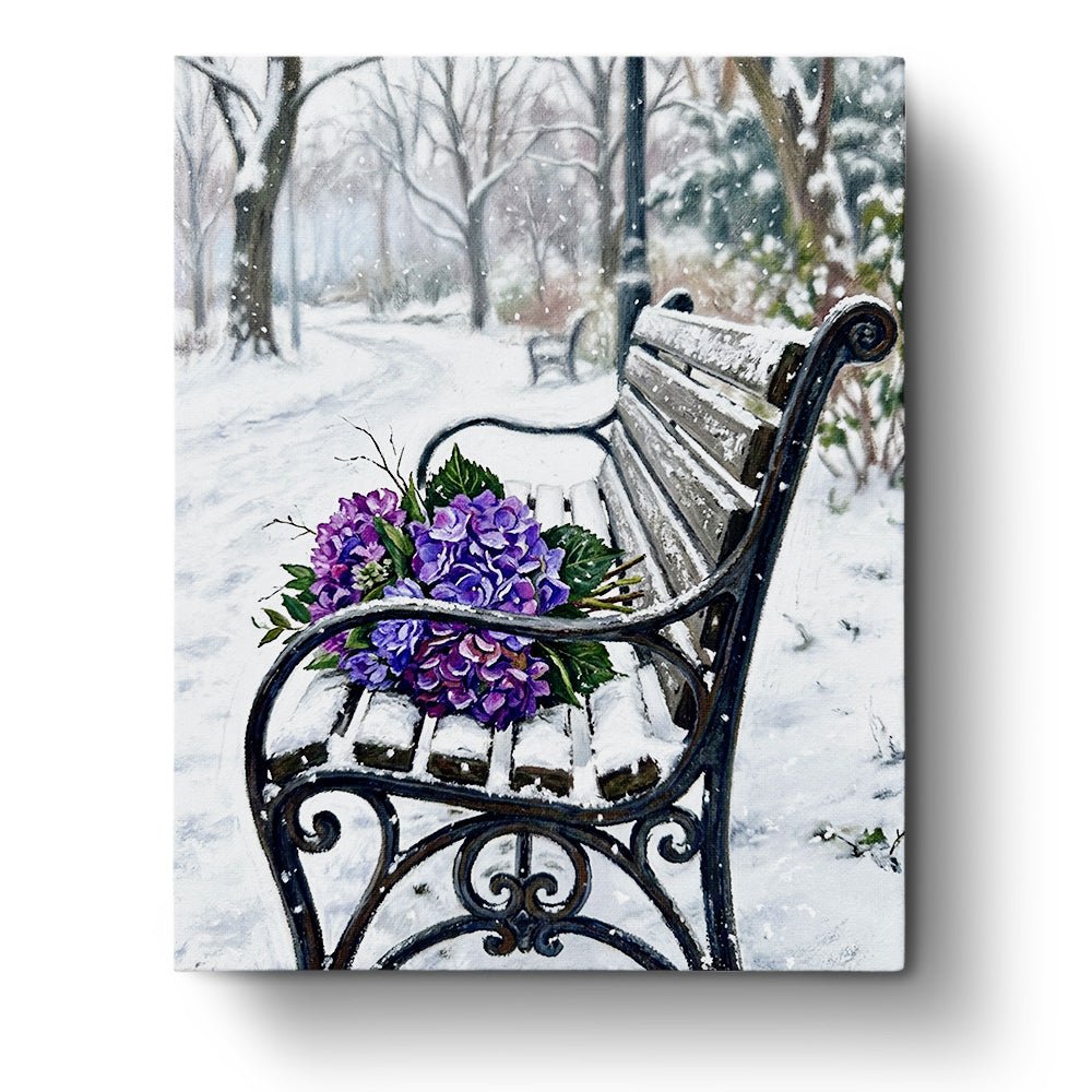 Winter Bench with Purple Bouquet - Flowers - BestPaintByNumbers - Paint by Numbers Custom Kit