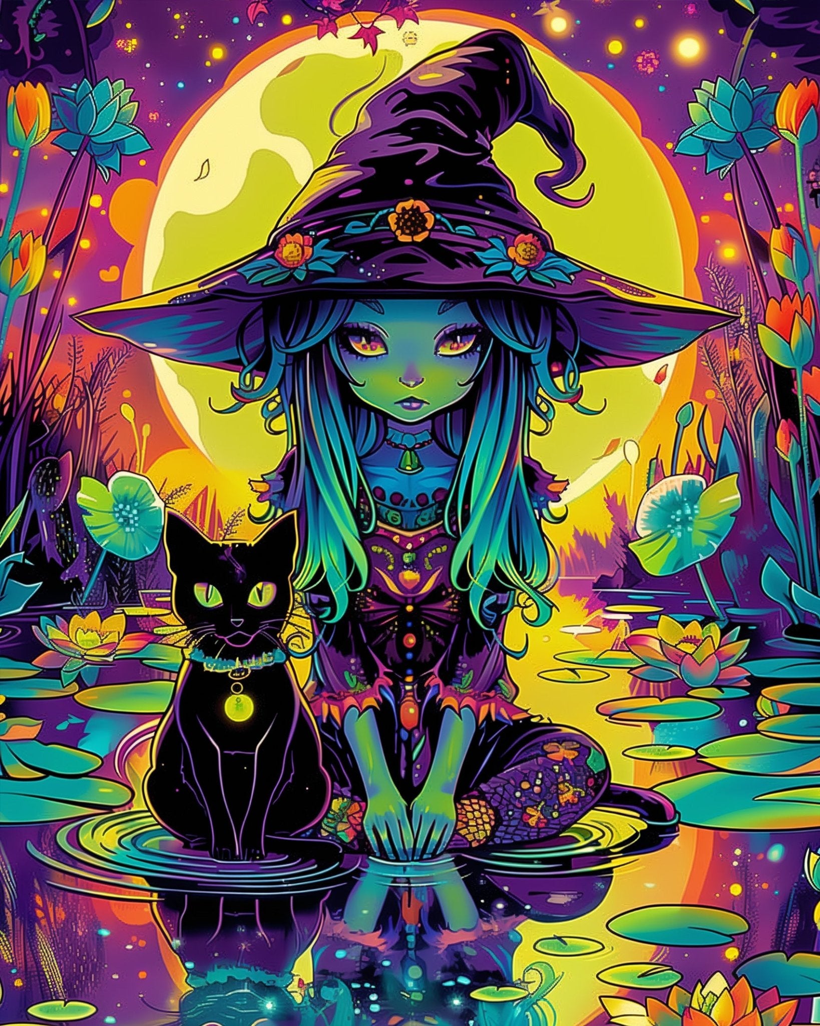 Fixed kit, 24 colors, 12x16in. Witch and cat amidst vibrant colors. Ideal for stress relief. BestPaintByNumbers.