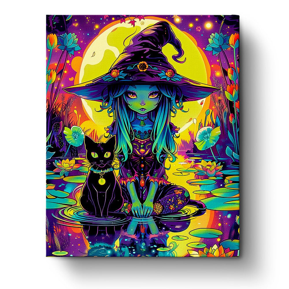 Fixed kit, 24 colors, 16x20in. Witch with cat in moonlight. A calming and creative escape. BestPaintByNumbers.