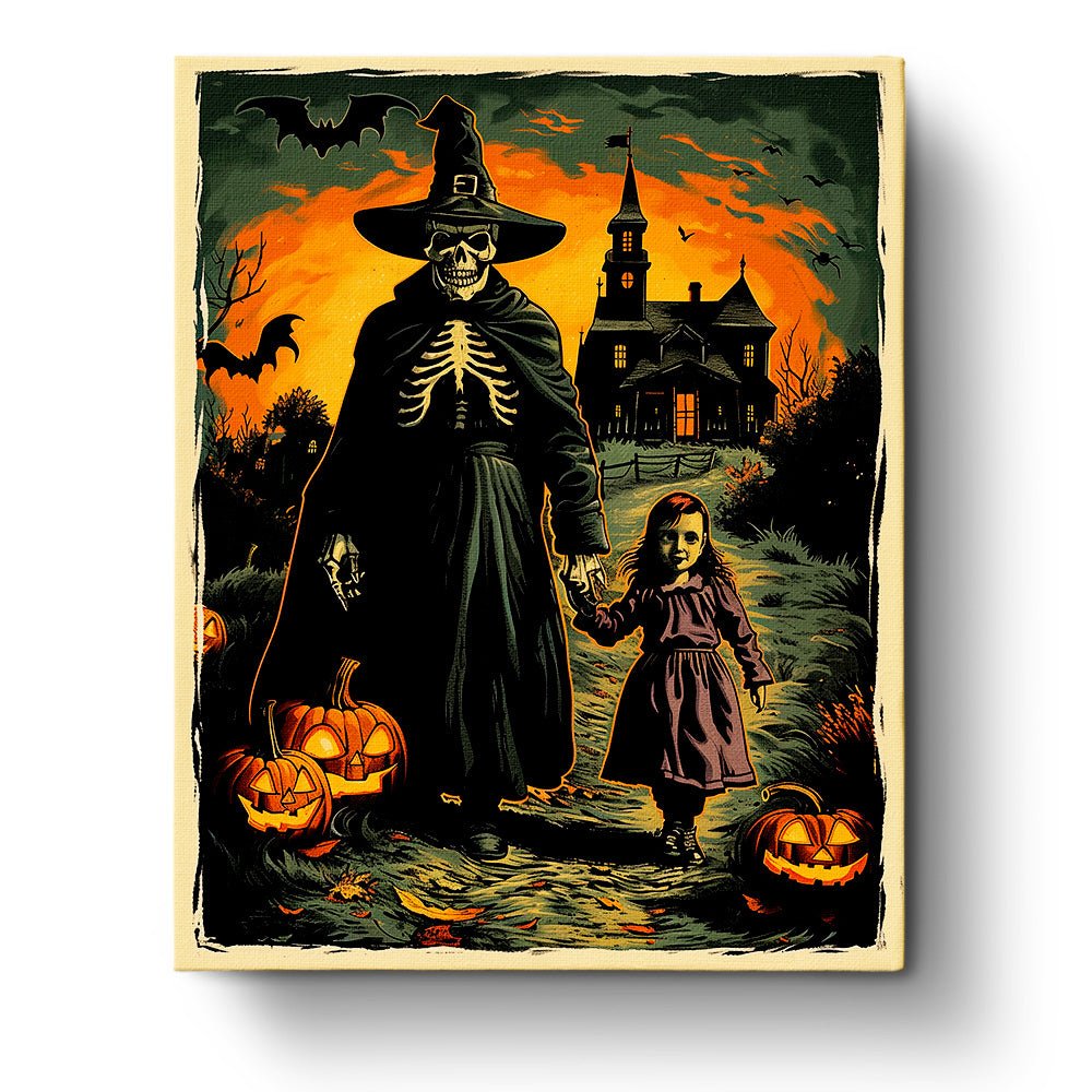 Fixed paint-by-number kit, 24 colors, 16x20in. Spooky witch and skeleton scene. Perfect for Halloween creativity.