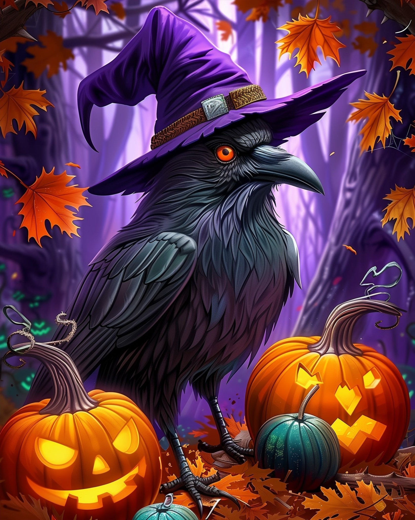 Fixed kit, 24 colors, 12x16in. Enchanting raven and pumpkins scene. Ideal for Halloween relaxation.