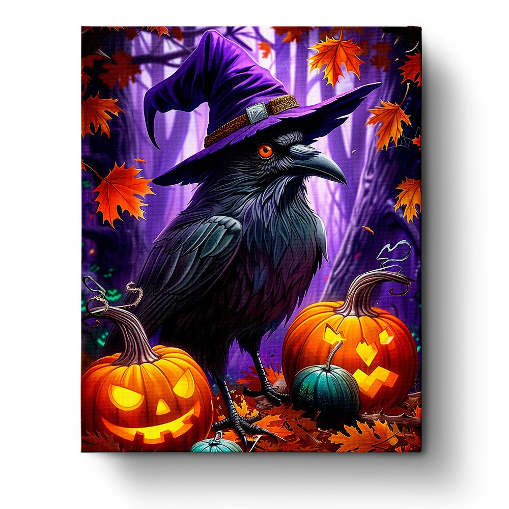 Fixed kit, 24 colors, 16x20in. Witchy raven among pumpkins. A magical and calming painting activity.