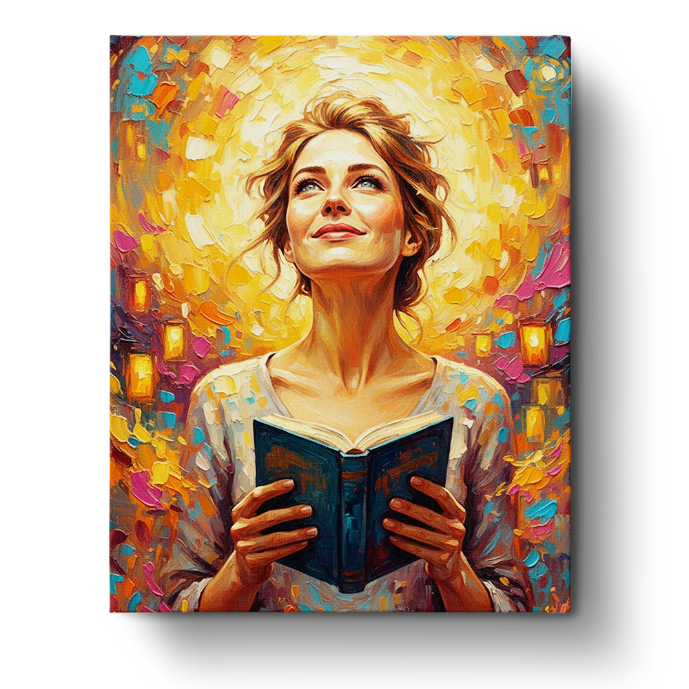 Woman with Book in Glowing Light - PeacefulMoments - BestPaintByNumbers - Paint by Numbers Custom Kit