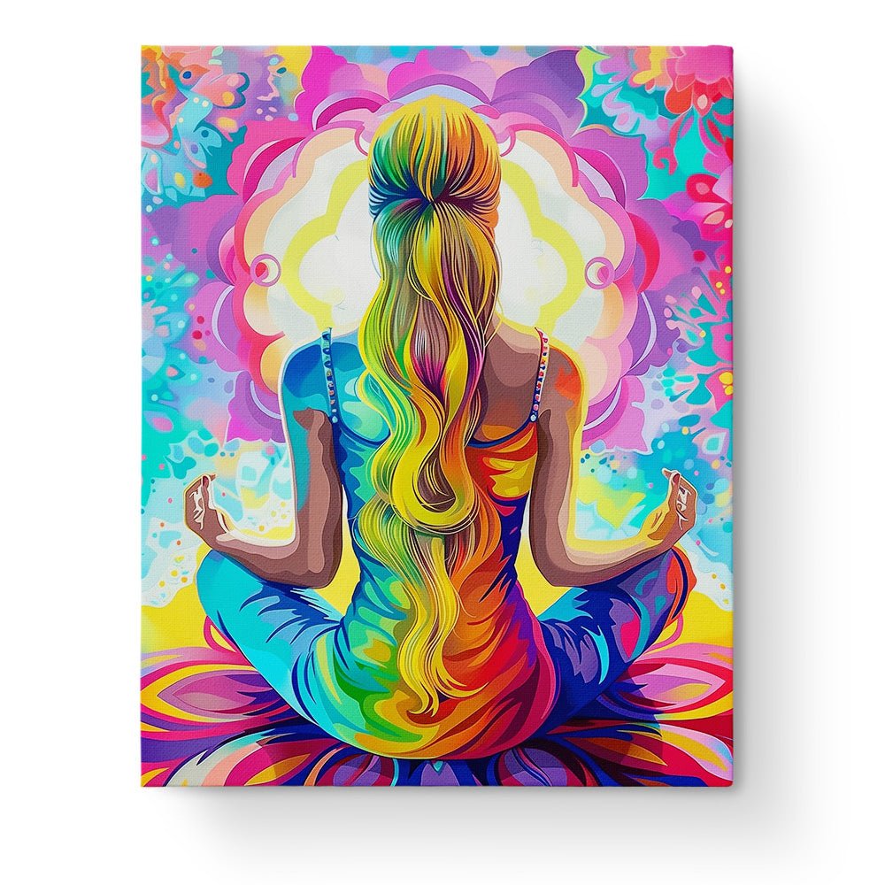 Fixed kit, 24 colors, 16x20in. Vibrant woman meditating image offering relaxation through art. BestPaintByNumbers.