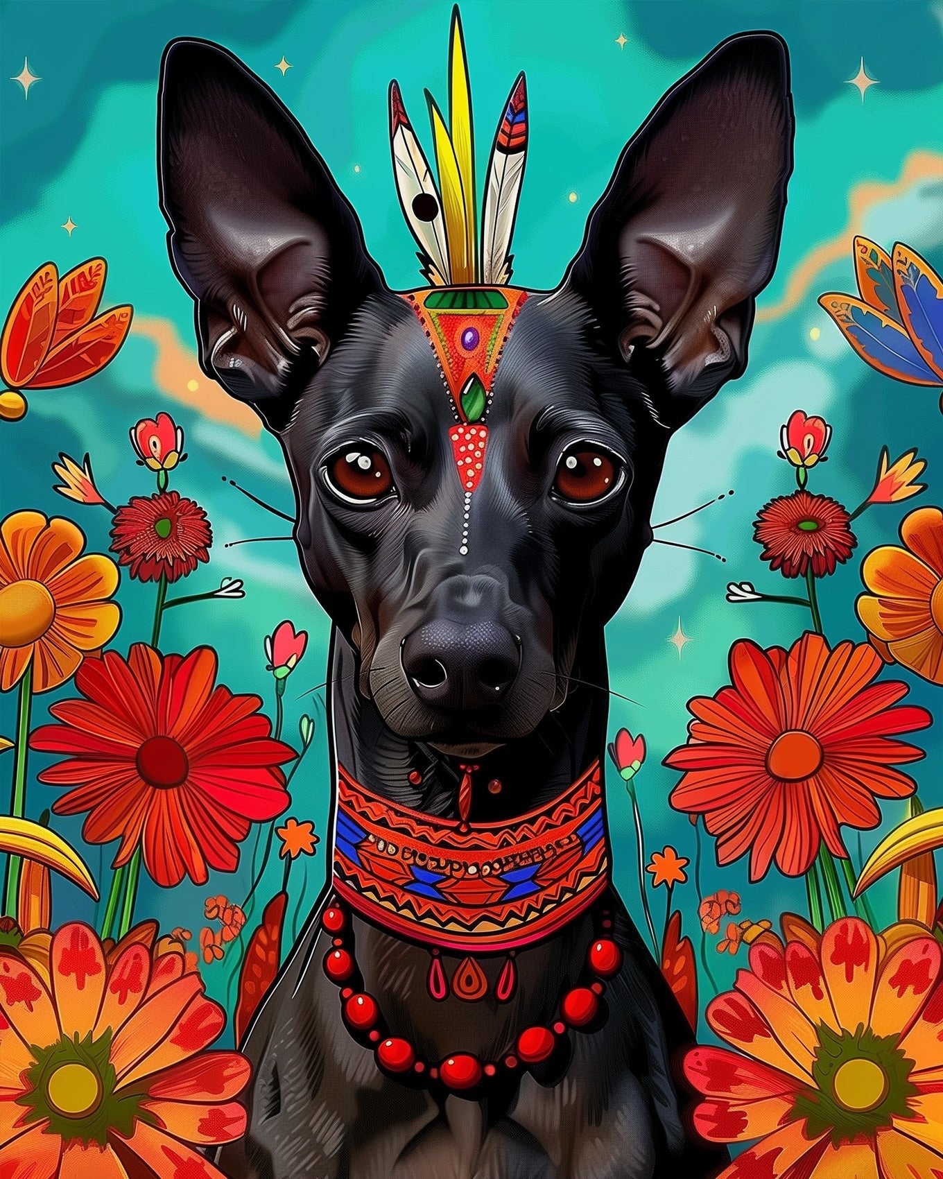 Fixed paint by numbers kit, 24 colors. Mexican Xoloitzcuintli with bold patterns. Ideal for a mindful painting experience.