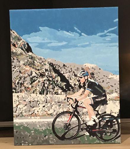 A person with helmet on a bike riding through the mountains on the street. The picture was painted with a custom paint by number kit.
